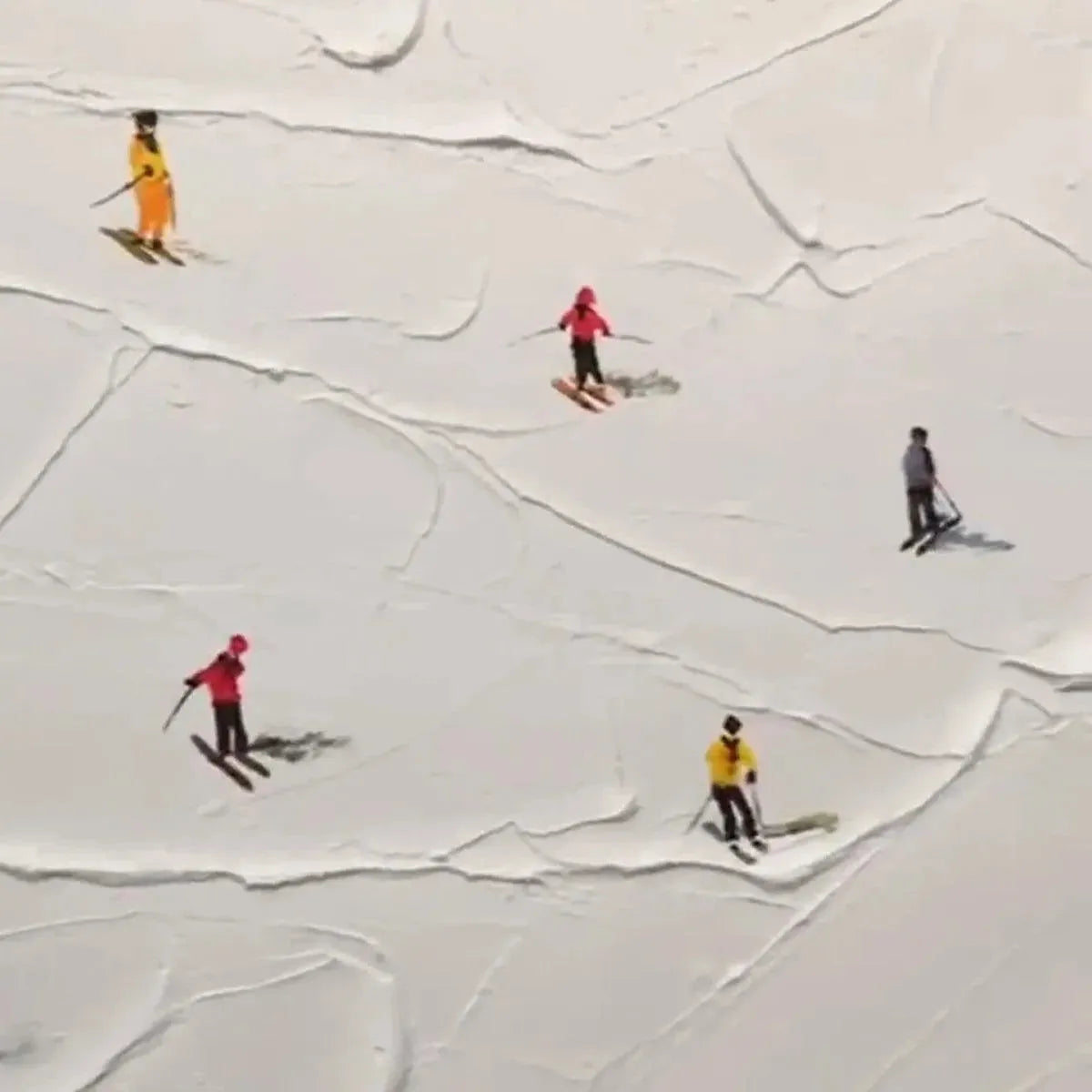 Minimalist Ski Slopes painting, textured white slope with skiers. Javier Ramirez artwork details.