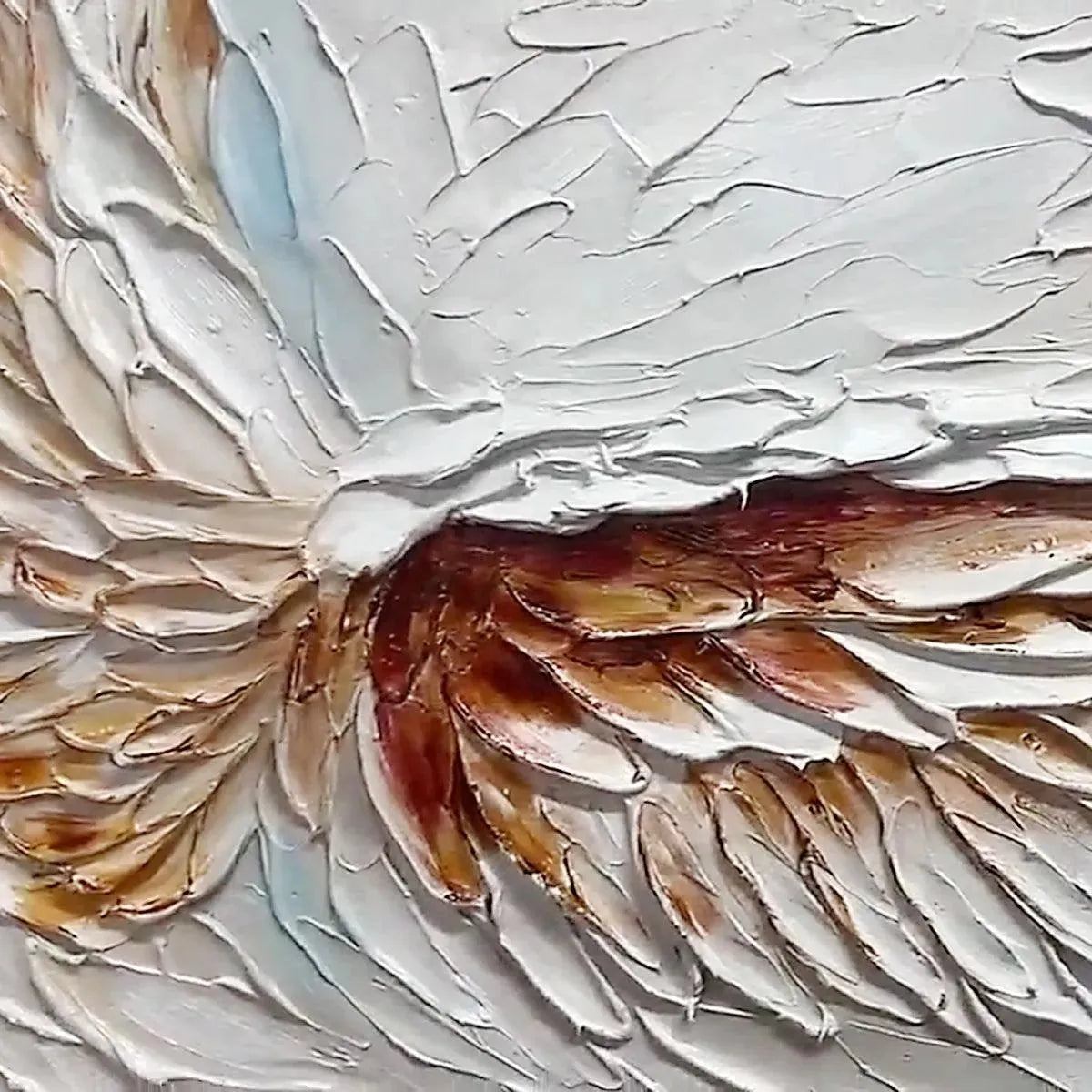 Textured impasto painting of angel wings, showing thick white feathers and gold/brown tones. Product detail view.