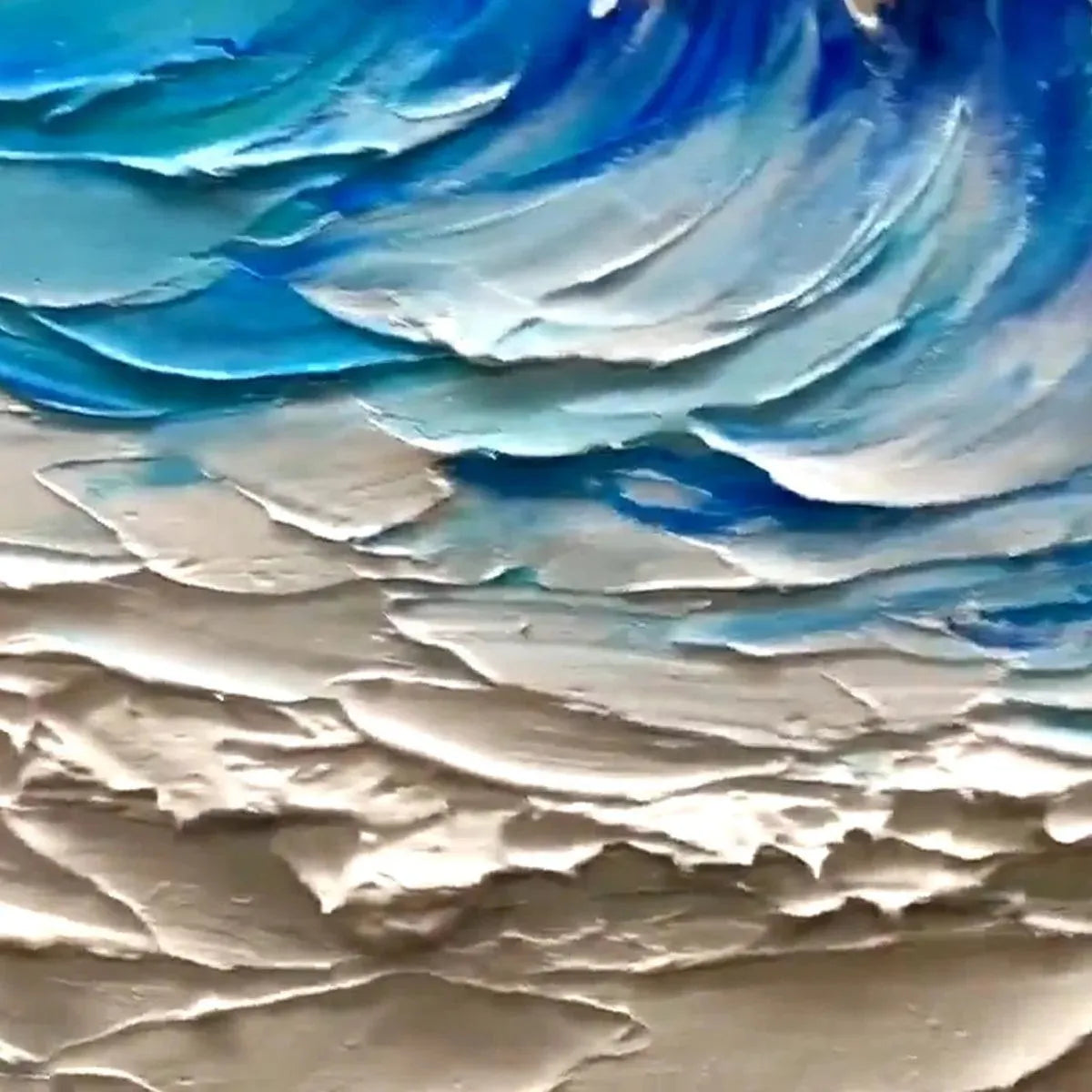 Close up of impasto painting 'Cresting Wave' showing textured blue and white abstract ocean waves by Liam O'Connell.