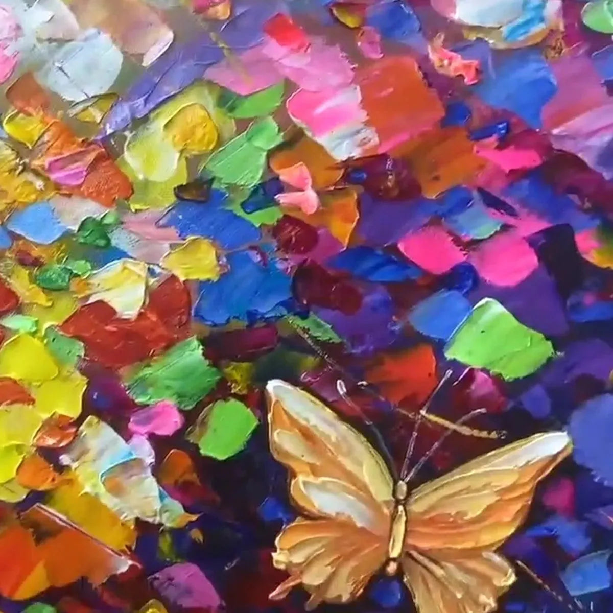 Willow Davies "Butterfly Flight" oil painting close-up. Textured impasto, vivid colors, orange butterfly. Product Showcase.