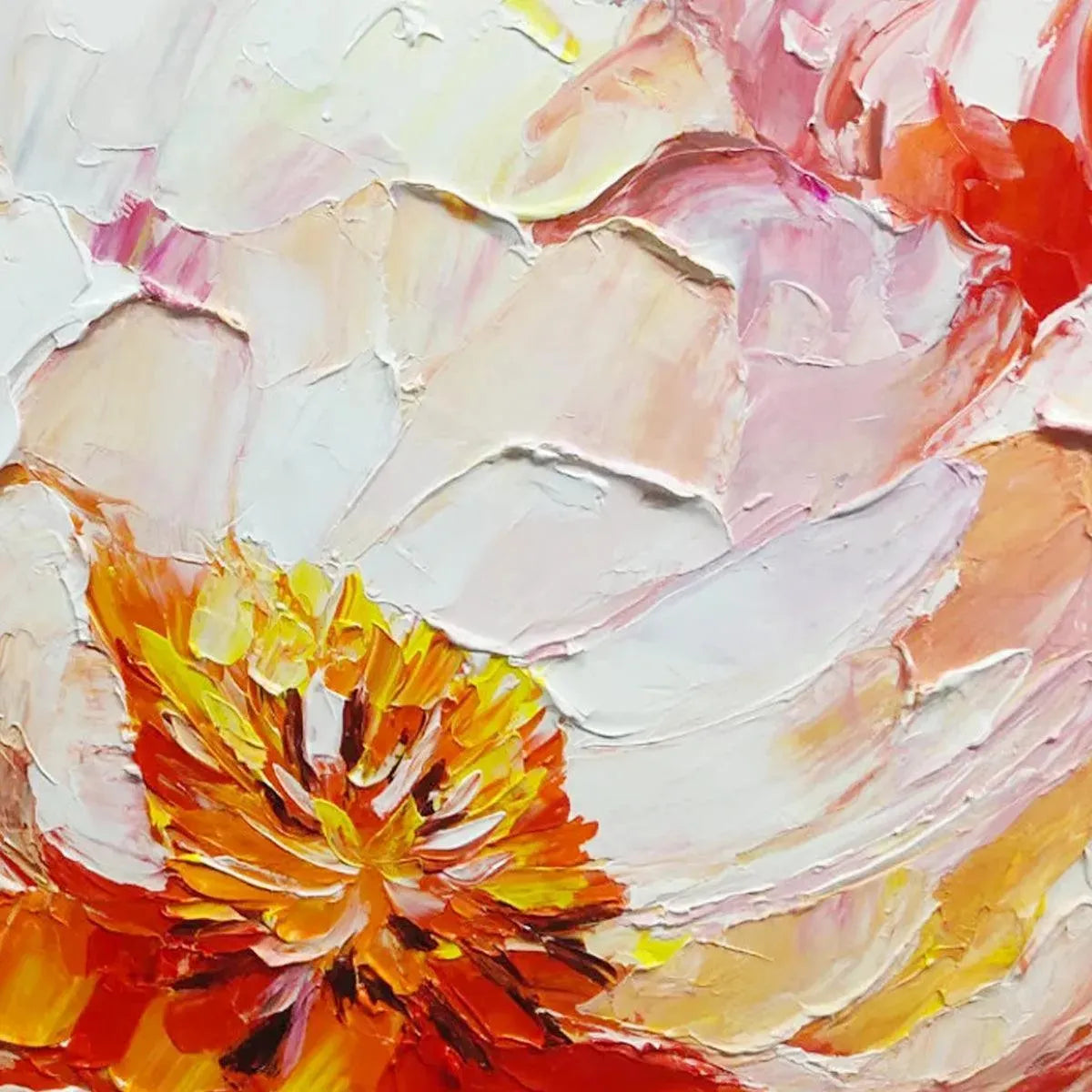 Close-up textured impasto painting of a vibrant pink and orange peony by Isabella Rossi, showcasing thick paint strokes.