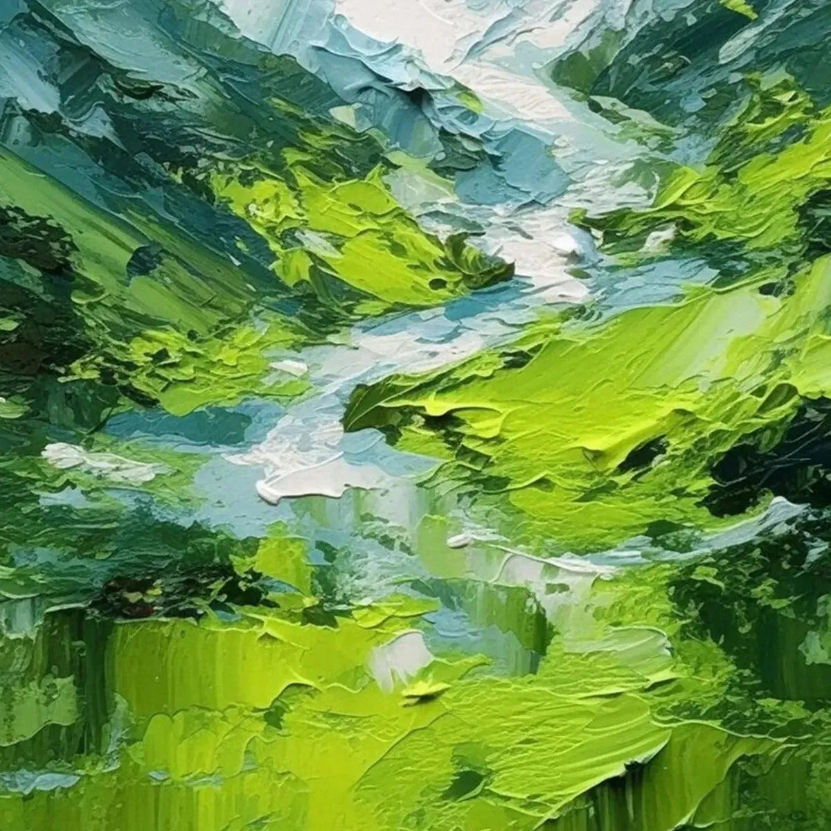 Emerald Valley textured green abstract mountain oil painting by Willow Davies, impasto modern wall art.