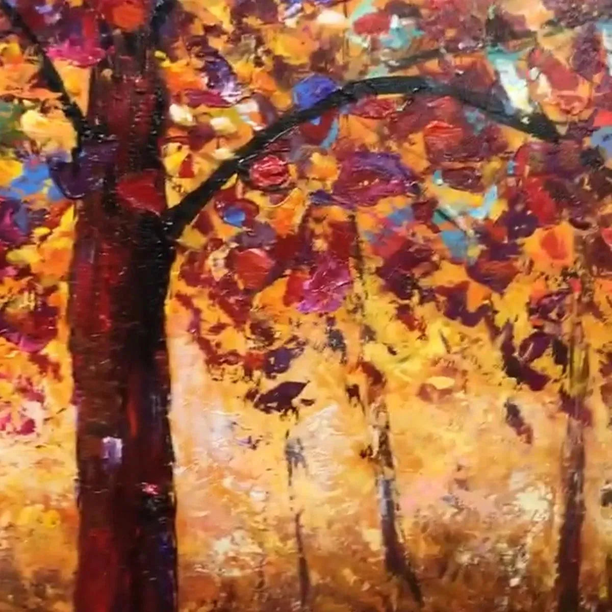 Textured impasto painting: Autumn forest with warm yellow/orange foliage, dark trunks.