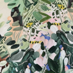 Elodie Dubois "Secret Garden" panoramic impressionist botanical oil painting, greens with floral accents.