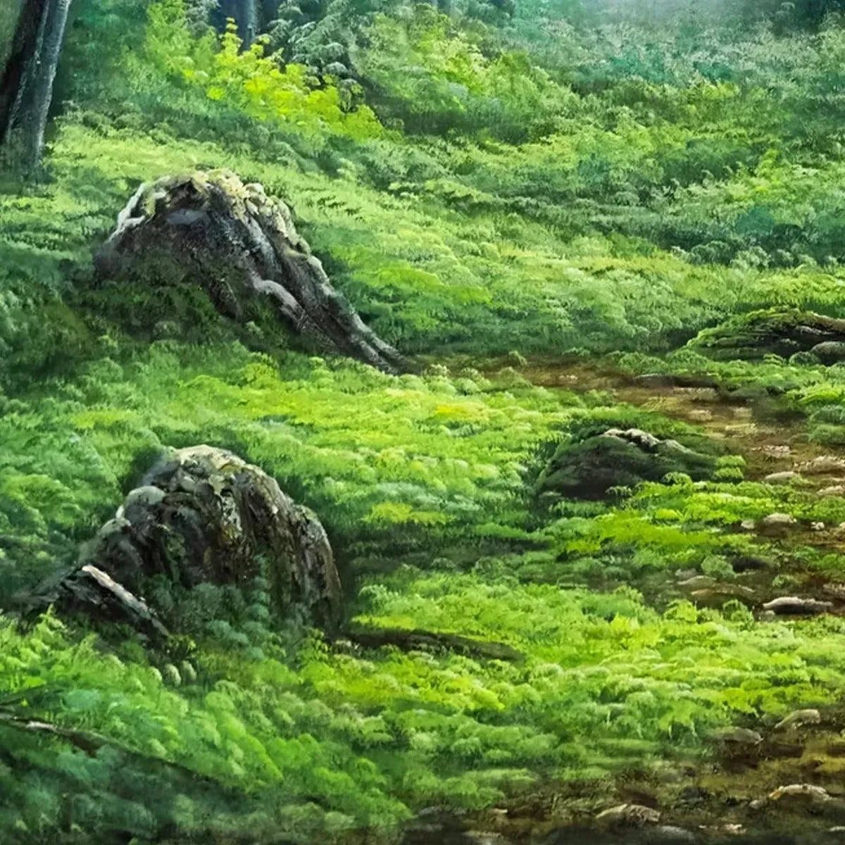 Panoramic green forest path painting by Liam O'Connell, with dappled sunlight on moss and rocks.