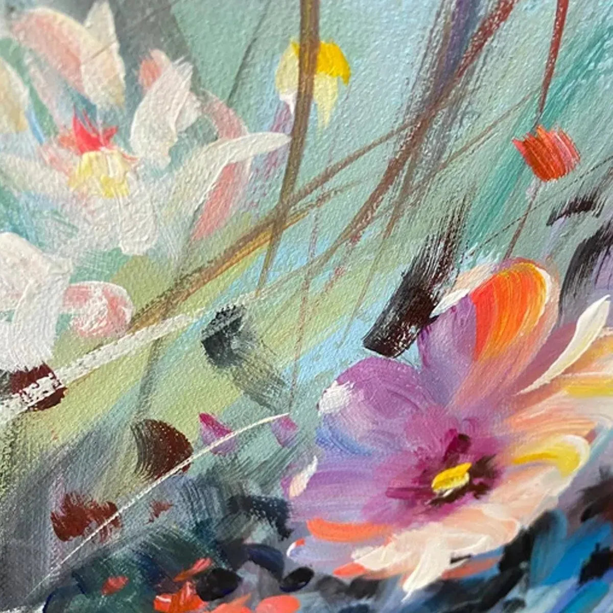 Isabella Rossi's Wild Meadow impasto painting close-up: pink, purple, white flowers, textured brushstrokes.