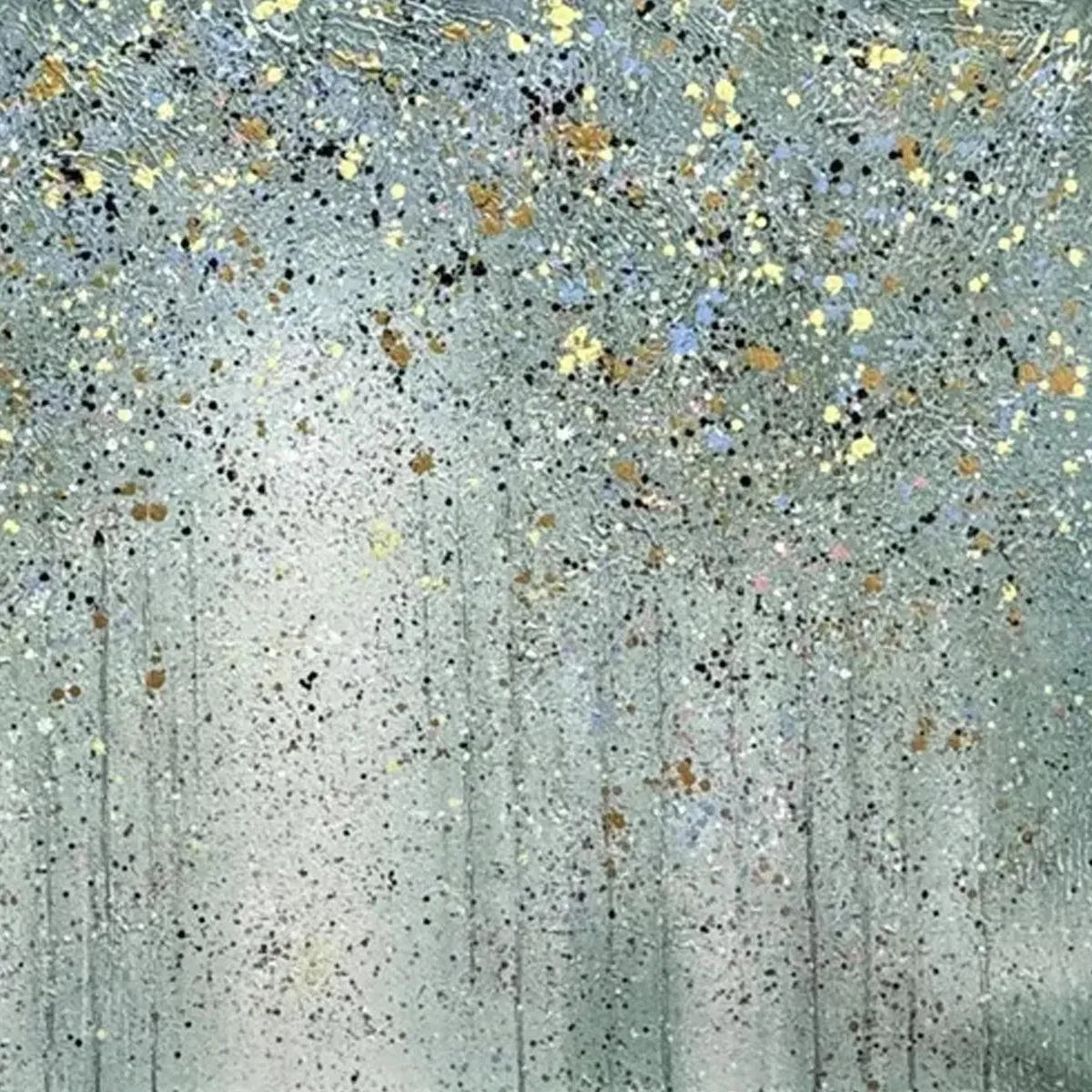 Textured abstract painting 'Golden Rain' with gold and light blue speckles on muted green-gray background by Willow Davies.