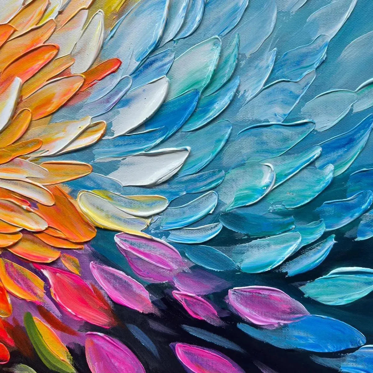 Textured impasto abstract floral painting, rainbow petals with vibrant orange, yellow, pink, blue, and green hues.