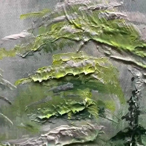Close-up of Emerald Forest oil painting texture, showing thick impasto green pine needles and misty background.