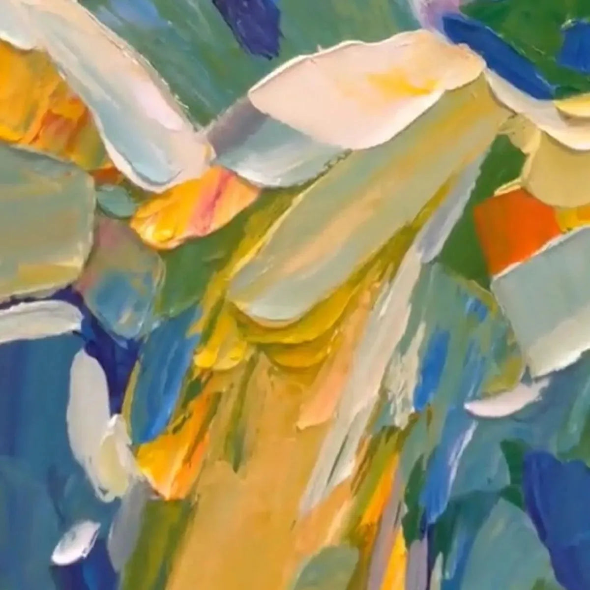 Original Blue Ridge Mountains impasto painting close-up: thick textured blue, green, yellow, white strokes by Isabella Rossi.