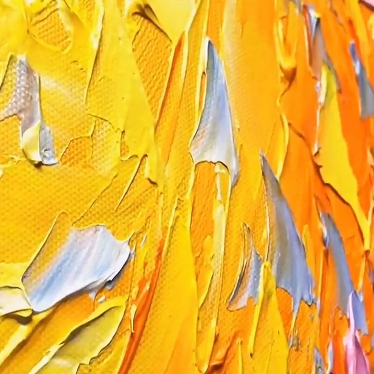 Close-up of SUNRISE SERENADE abstract painting showing thick yellow and orange impasto brushstrokes. Modern art texture.