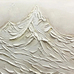 Javier Ramirez white impasto mountain painting, textured minimalist abstract art.