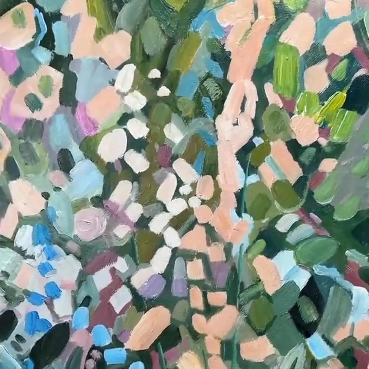 Vertical "Enchanted Garden" floral painting by Elodie Dubois, abstract greens, peaches, blues, showcasing brushstrokes.
