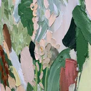 Whispering Meadow abstract floral painting by Elodie Dubois, green, gold, beige, textured brushstrokes, modern artwork.