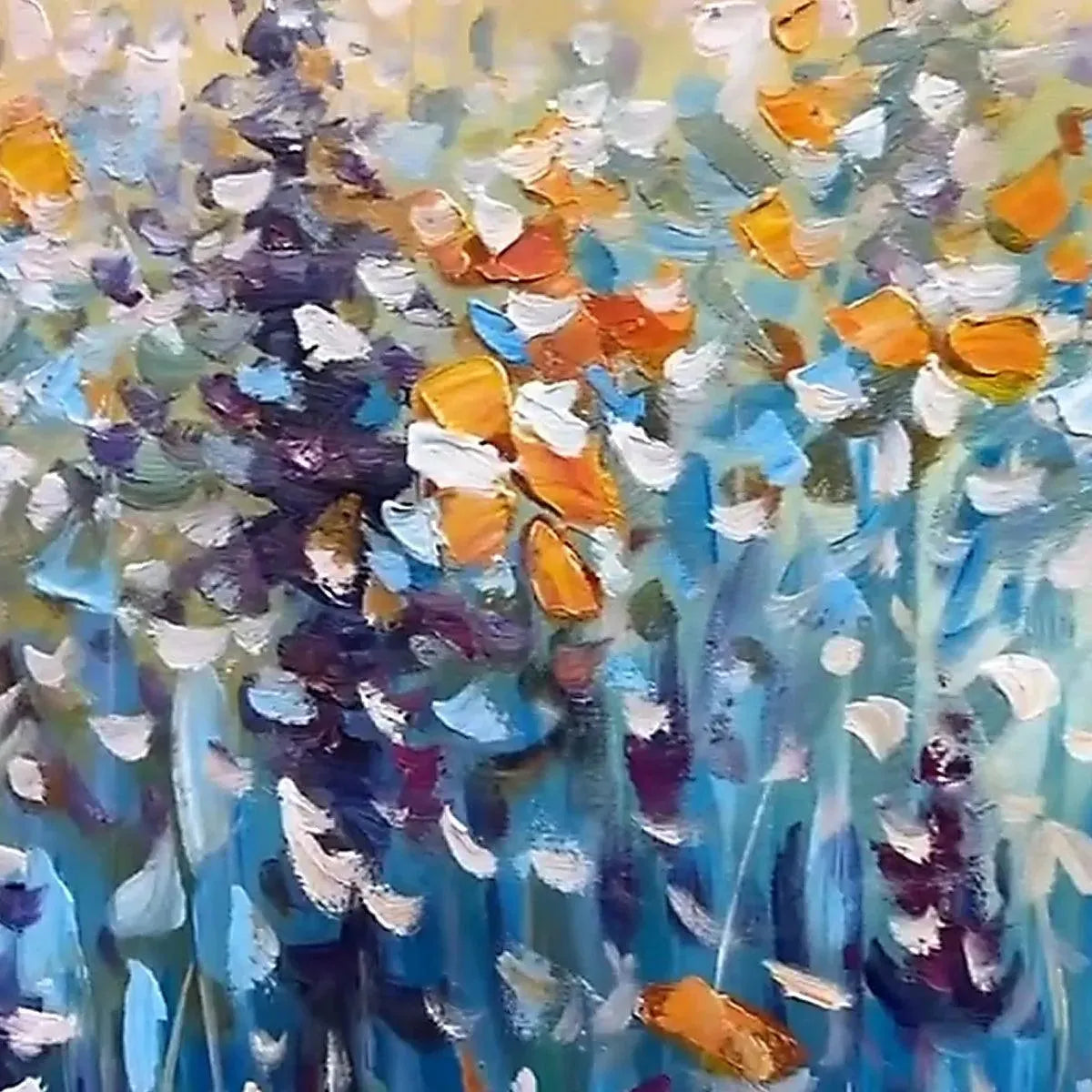 Isabella Rossi's 'Wild Meadow' painting: impasto wildflowers in blue, purple, orange, and white with rich texture.