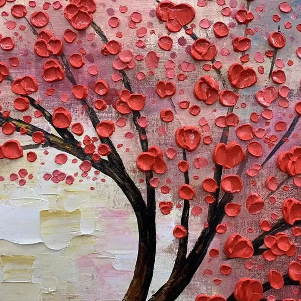 Original textured impasto painting: dark tree with red heart-shaped leaves, soft pink, blue, and white background.