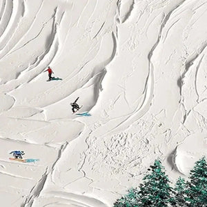 Javier Ramirez original Snowy Peaks painting: textured minimalist wall art, skiers descending mountain, impasto.