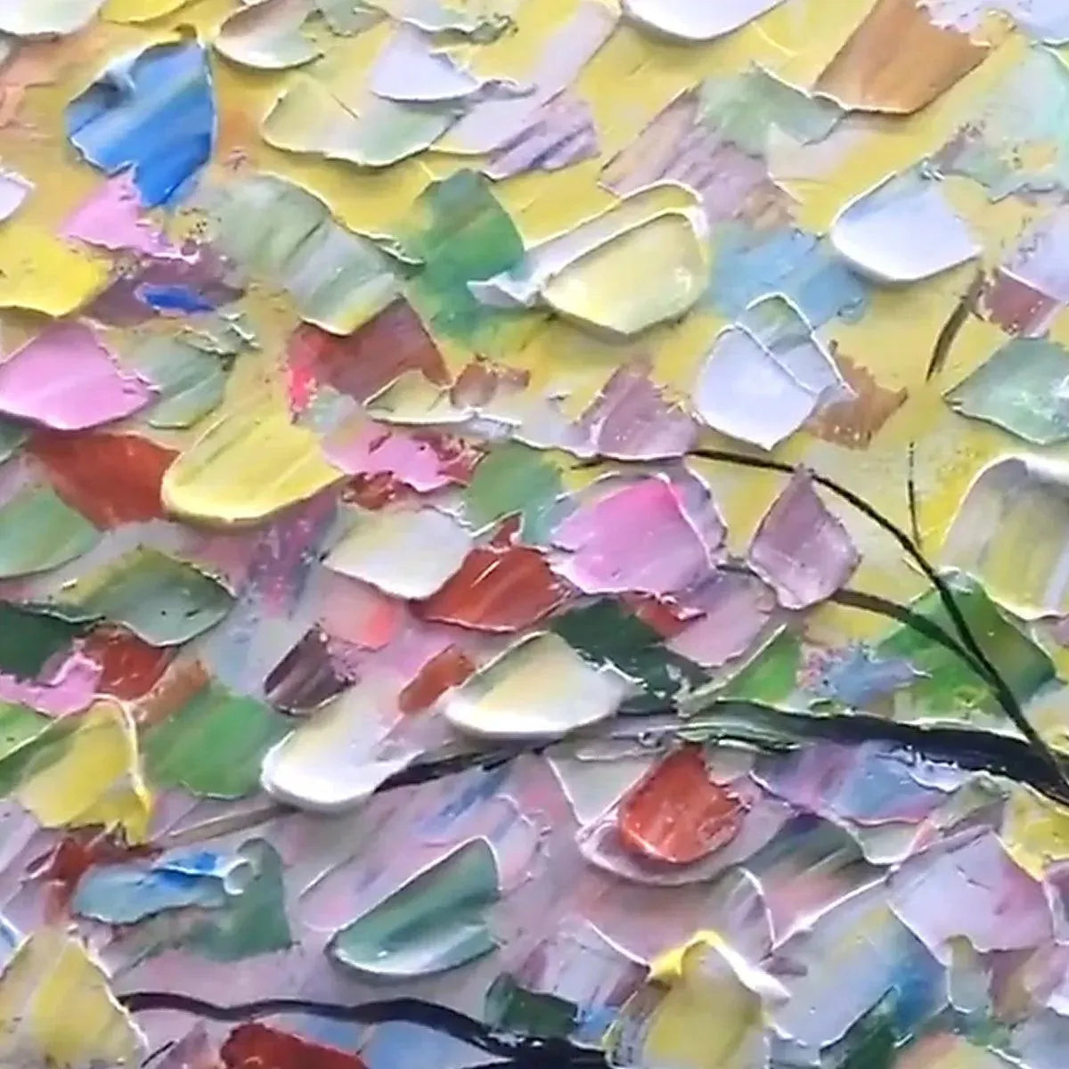 Close-up of "Rainbow Tree" impasto painting with vibrant, textured brushstrokes in yellow, pink, and green.