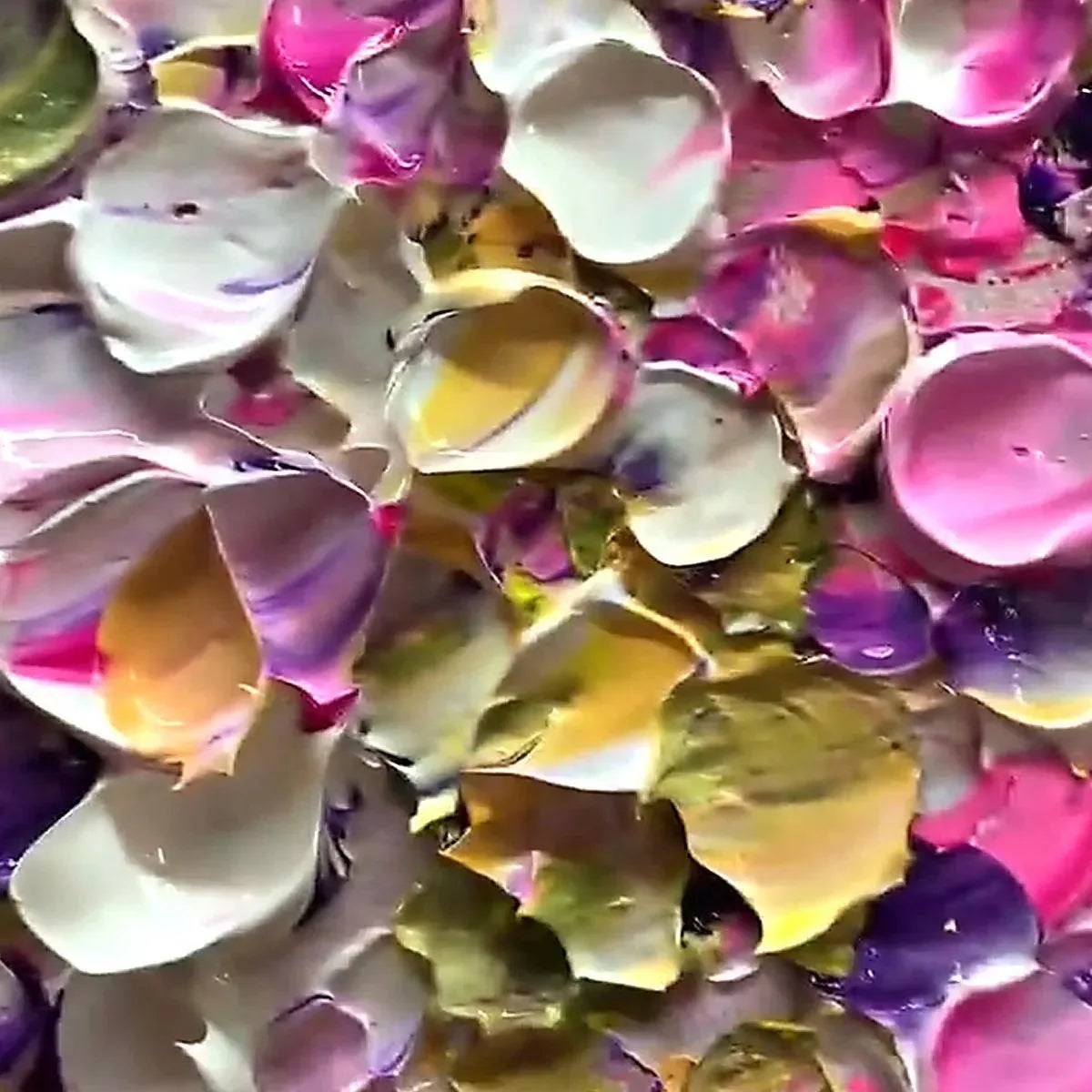 Impasto painting of pink, purple, and green wisteria blossoms with thick, textured petals.