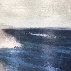 Serene Shore abstract coastal painting by Javier Ramirez, blue and beige tones, minimalist art for home decor.