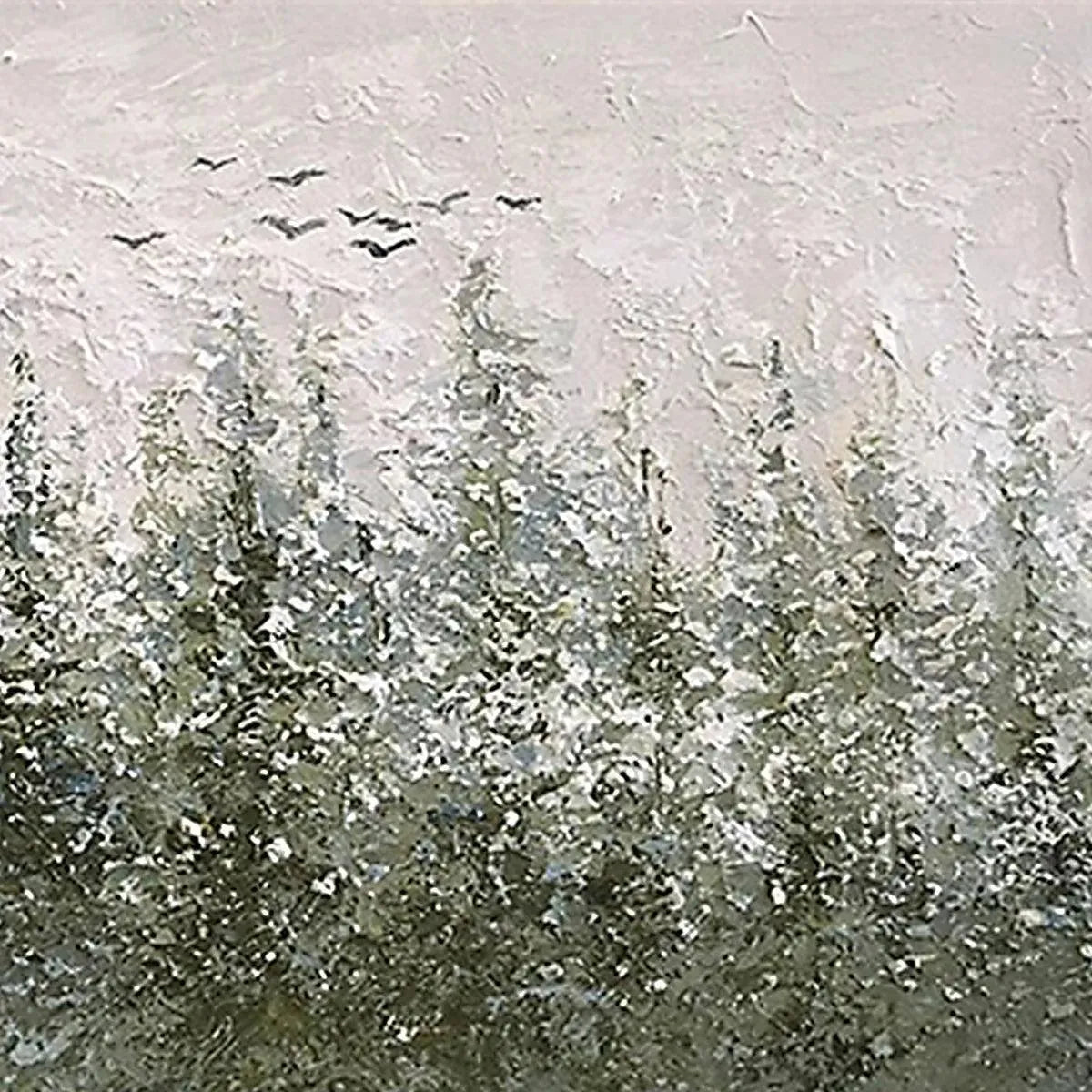 Textured painting of snow-covered evergreen trees in a misty forest, with a flock of birds silhouetted against a hazy sky.
