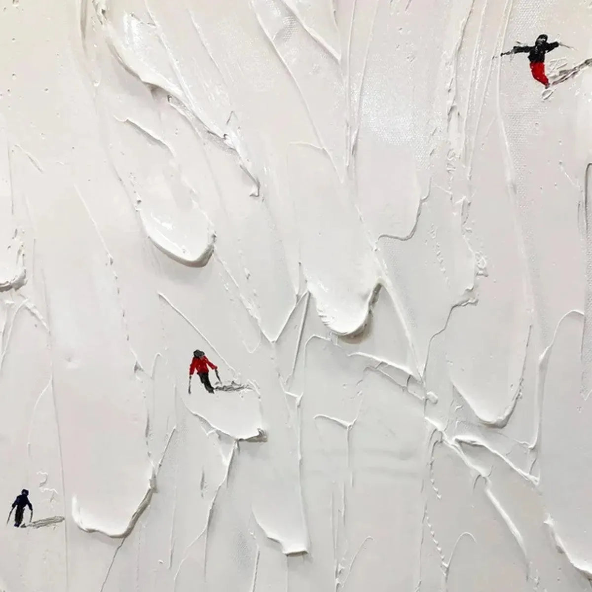 Alpine Ski painting by Javier Ramirez featuring skiers on textured white snow, minimalist black and red figures, modern art.