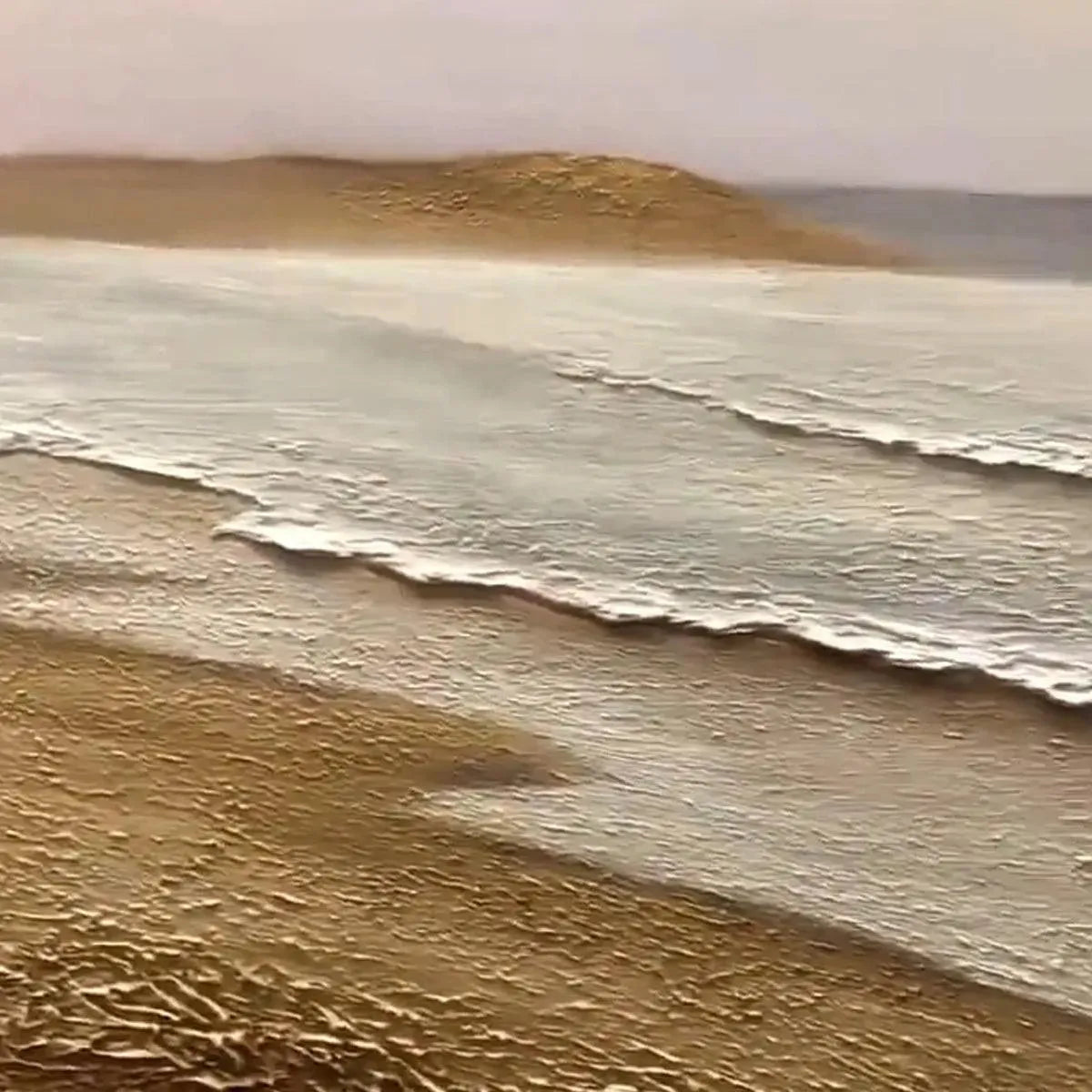 WHISPERING TIDES textured coastal landscape painting, impasto beige sand, white frothy waves.