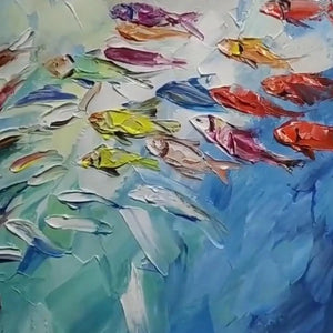 Textured close-up of Willow Davies' 'Whirlpool of Fish' oil painting, vibrant red, yellow, blue impasto swirling fish.