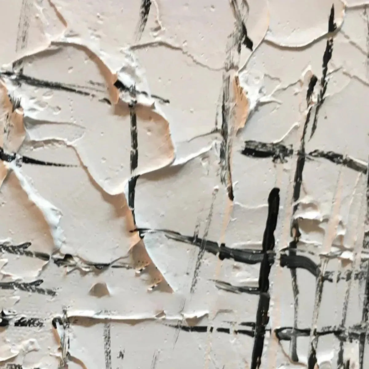 WOVEN LINES abstract art detail by Elodie Dubois: Textured white canvas with black lines, modern minimalist painting.