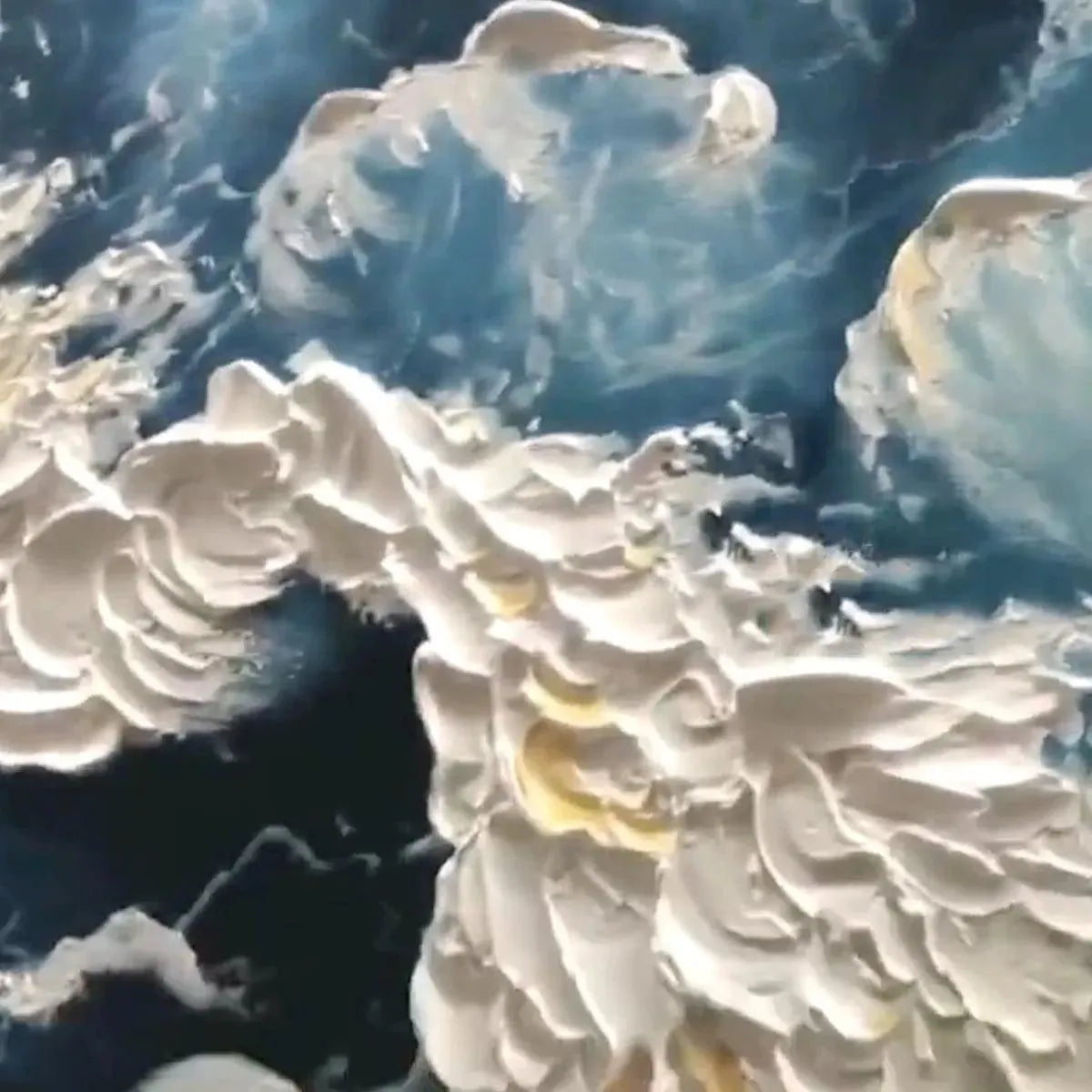 Azure Whispers abstract painting close-up: thick impasto white texture, blue waves, gold accents.