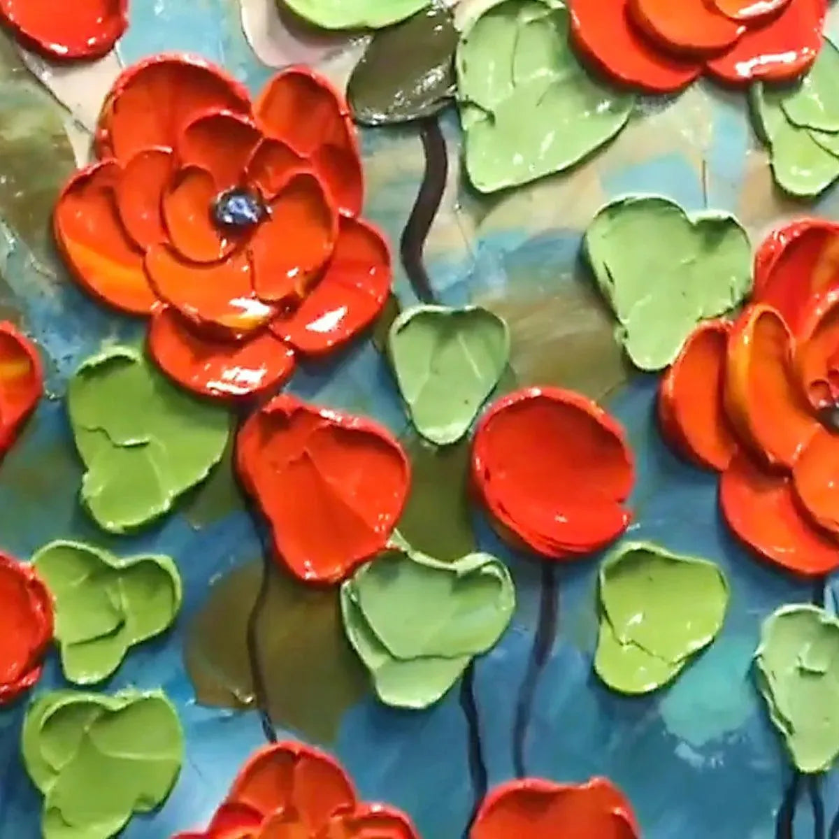 Crimson Field impasto painting: textured red poppies with green leaves on blue background, highlighting thick paint strokes.