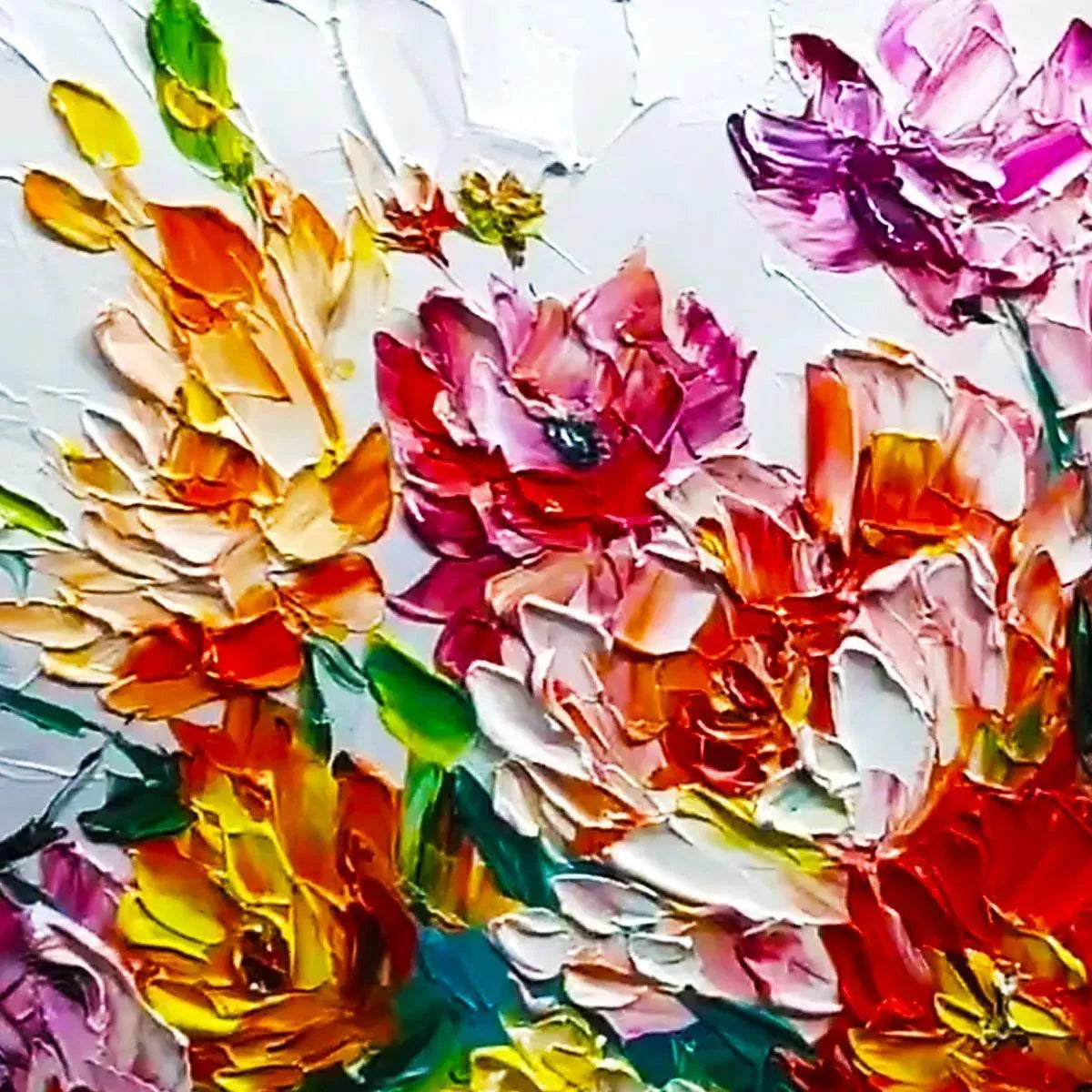 Vibrant impasto floral bouquet painting. Thick textured brushstrokes in pink, orange, red, yellow. White background.
