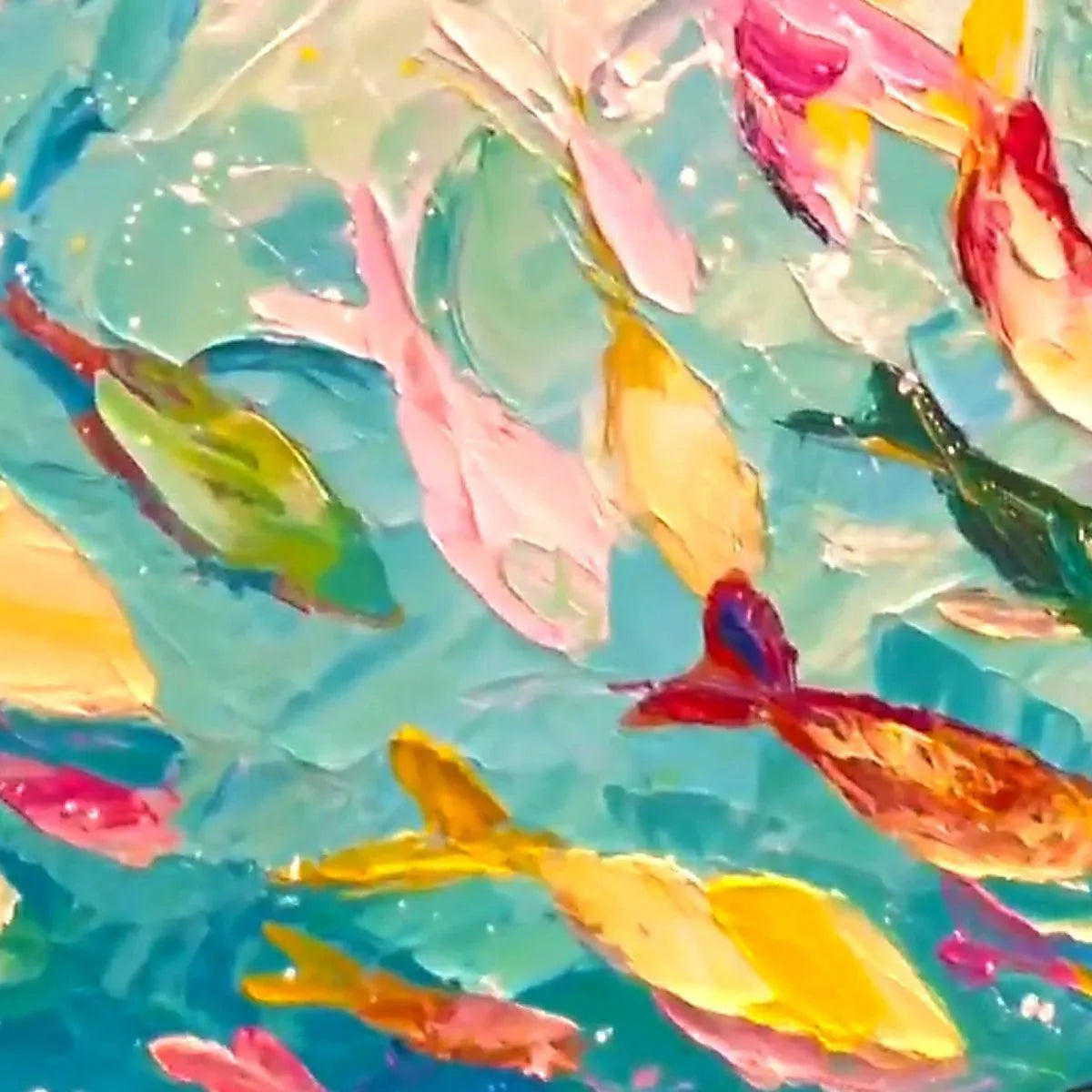 Willow Davies "Ocean Currents" abstract painting: textured, colorful fish in vibrant blue-green water. Showcases impasto art.