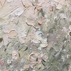 Whispering Meadow painting by Elodie Dubois, close-up of pastel wildflowers, textured oil paint.