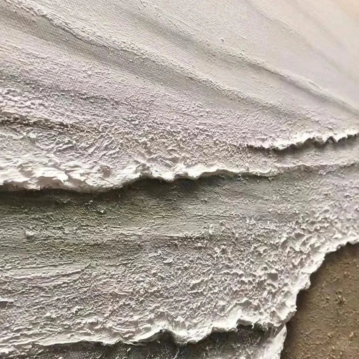 Close-up textured coastal landscape painting, Serene Shore, by Liam O'Connell. Beige and white waves with sandy shore detail.