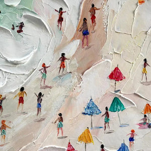 Textured impasto painting of a crowded beach scene with colorful umbrellas and small figures, vertical orientation.