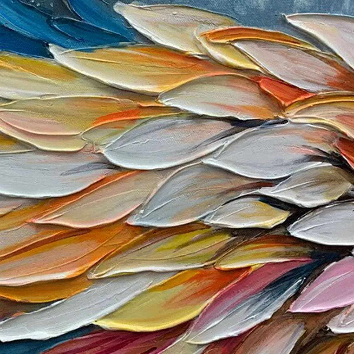 Colorful impasto angel wings painting by Isabella Rossi, close-up of textured brushstrokes.