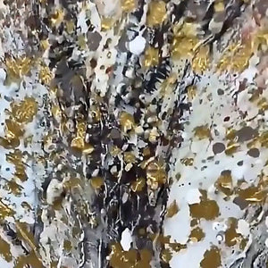 Golden Tree painting by Javier Ramirez. Abstract textured art with gold and grey tones. Modern artwork for home decor.