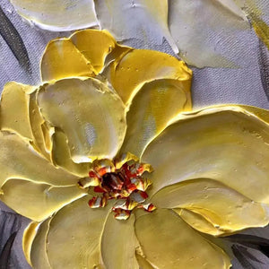 Textured impasto Golden Sunflowers painting close-up, highlighting thick yellow petals and 3D sculptural brushwork.