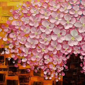 Textured impasto detail: Pink Blossom Dream painting with pink, white blossoms on golden-amber.