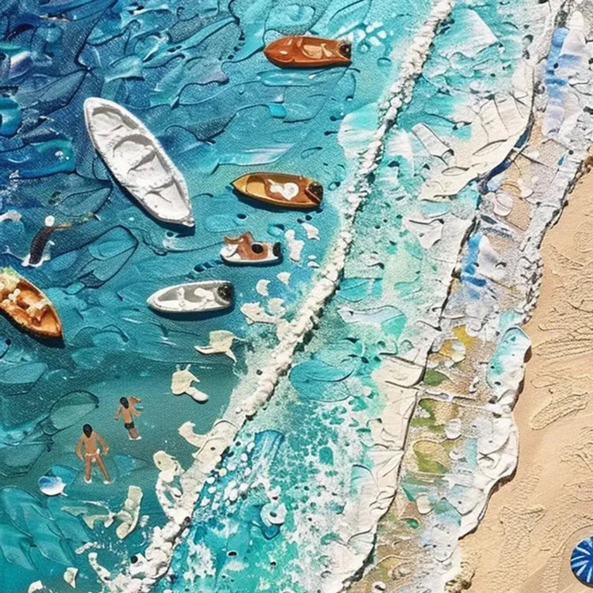 Isabella Rossi Sun-Kissed Shores painting featuring a textured beach scene with figures, boats, and waves; coastal artwork.