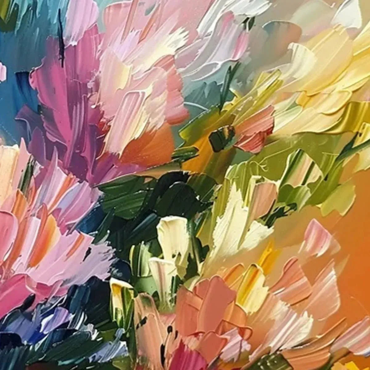 Vibrant impasto floral painting with thick brushstrokes in pink, yellow, orange and green colors.