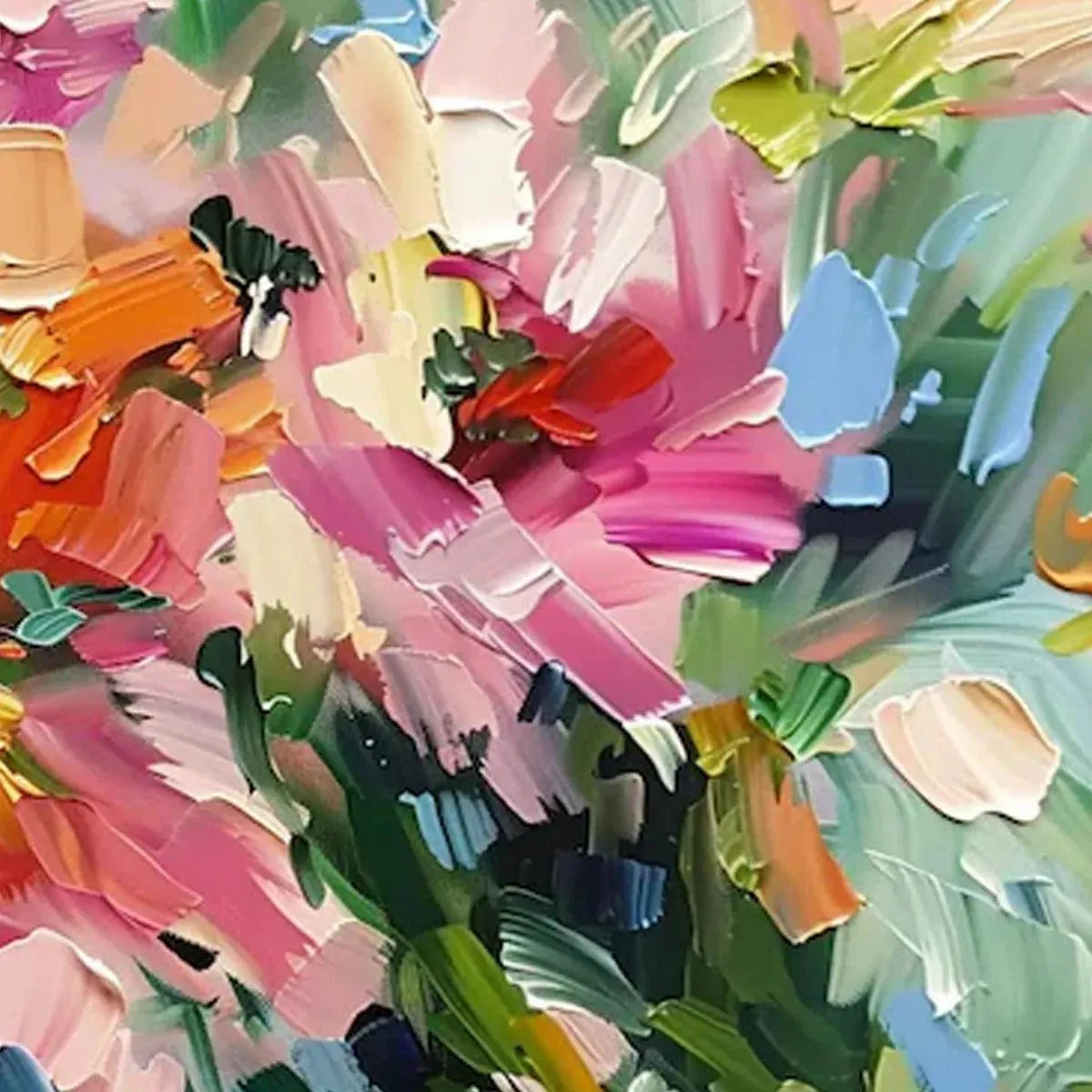 Textured impasto floral painting with thick pink, orange, and green brushstrokes - Blushing Blooms original art.