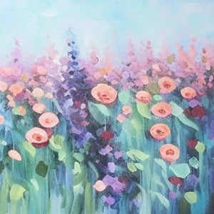 Pastel Meadow original impressionistic floral painting with peach pink purple flowers textured brushstrokes.
