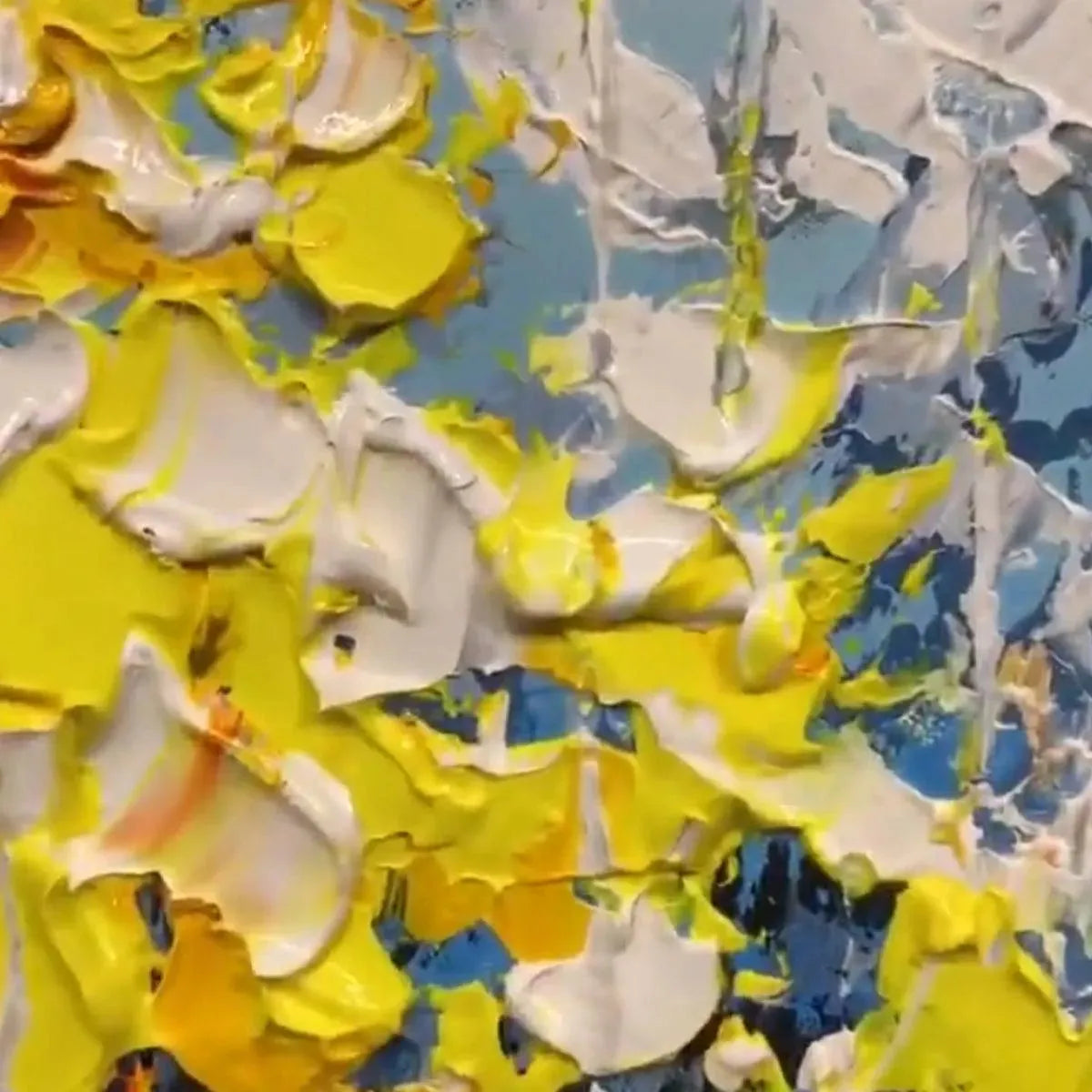 Close-up of "Autumn Aspen" impasto painting showing thick yellow, orange, red, and white strokes on blue background.