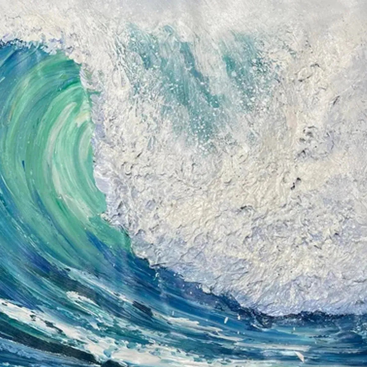 Textured blue ocean wave painting, Emerald Surge, by Liam O'Connell. Surfer rides cresting wave with seafoam detail.