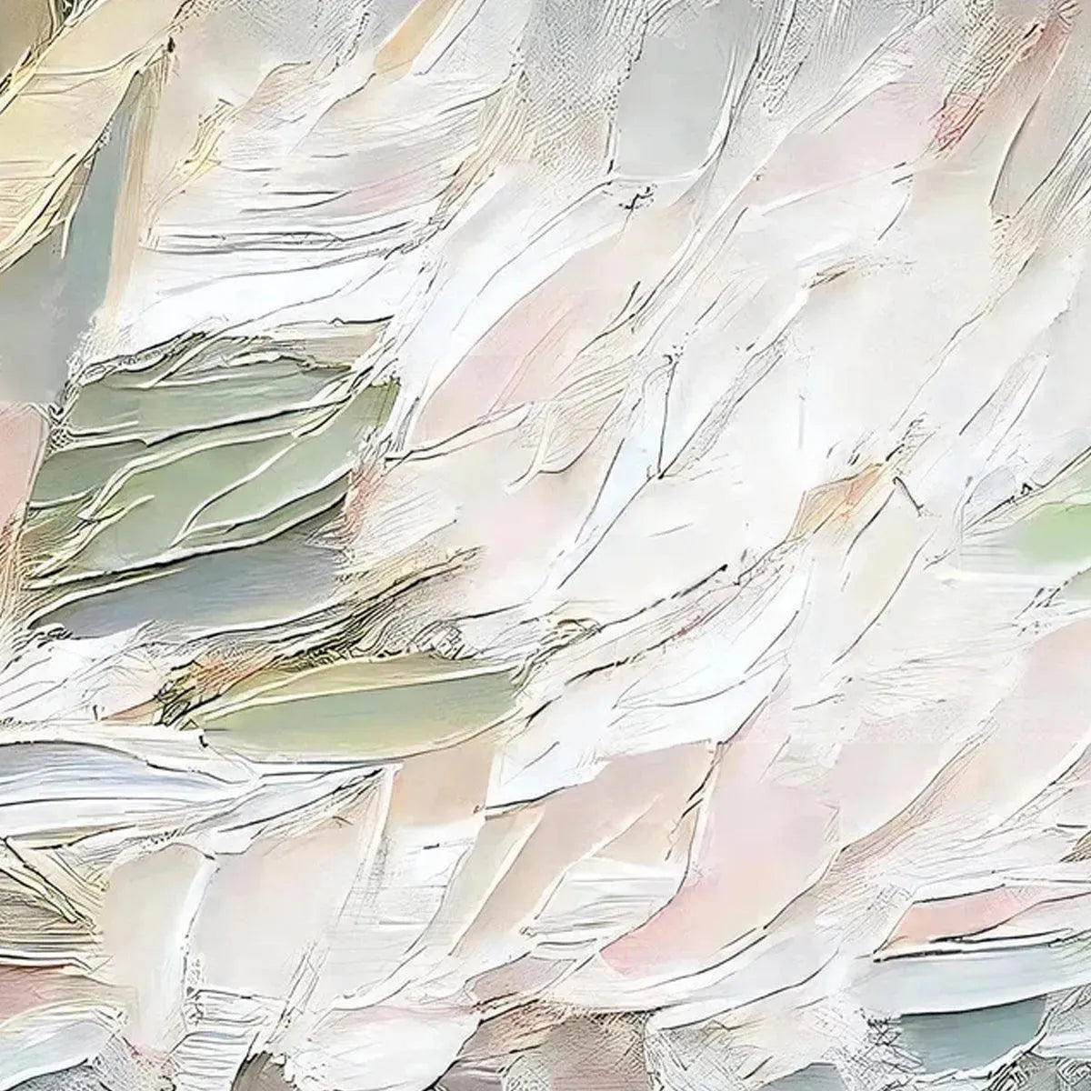 Textured abstract painting with thick brushstrokes in soft pink, sage green, and white. Horizontal artwork by Elodie Dubois.