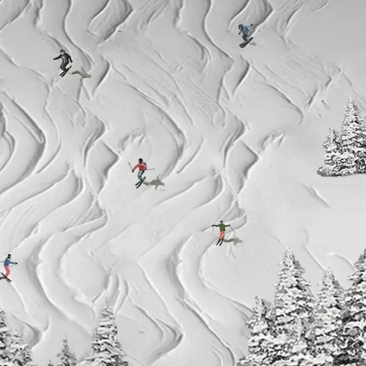 Textured white painting "Snowy Carve" featuring skiers and snowboarders on abstract snowy slopes with pine trees.