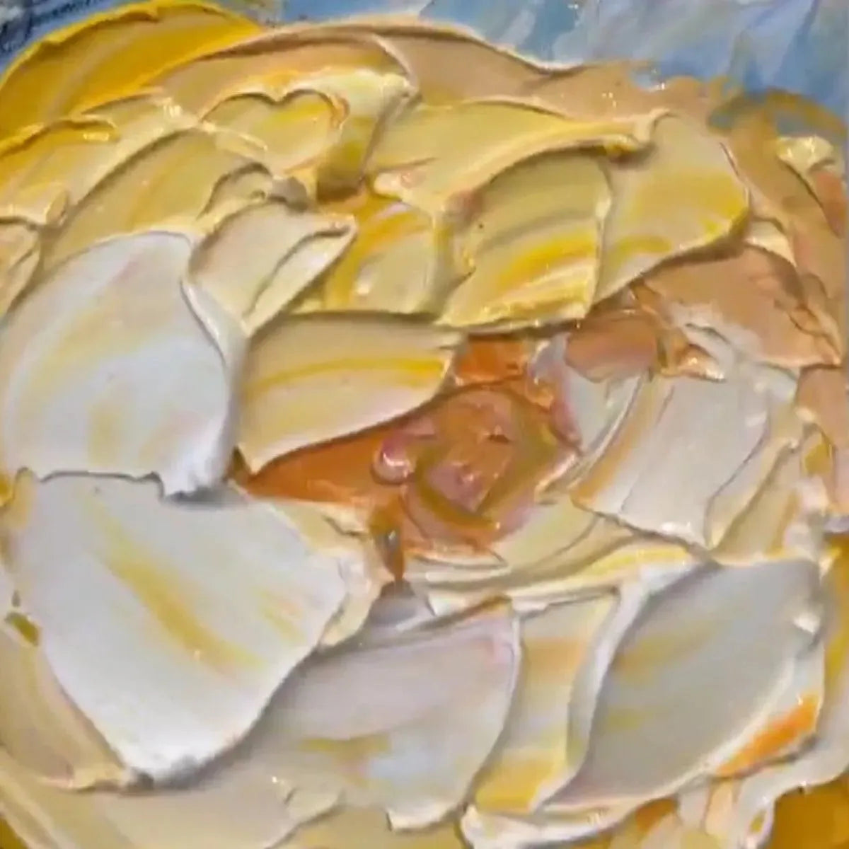 SUMMER BLOOM textured impasto floral painting detail by Elodie Dubois: yellow, white, orange on blue.