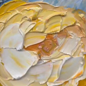 SUMMER BLOOM textured impasto floral painting detail by Elodie Dubois: yellow, white, orange on blue.
